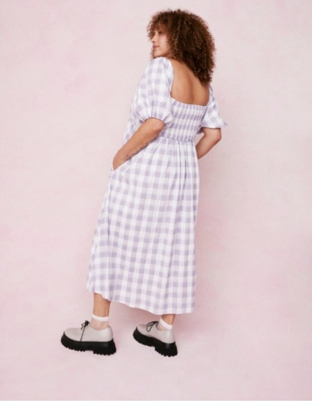 Square Neck Puff Sleeve Gingham Midi Dress in Lavender - Picture 3 of 5